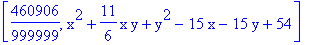 [460906/999999, x^2+11/6*x*y+y^2-15*x-15*y+54]